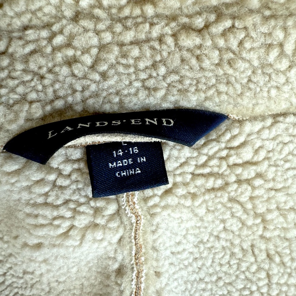Women's Suede Sherpa Coat Jacket Lands End Cream FAUX Shearling Pea Coat Size L - Picture 5 of 16